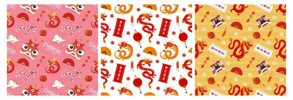 Happy Chinese New Year 2024 Seamless Pattern Design. Translation Year of the Dragon. with Lantern, Dragons and China Elements in Flat Illustration vector