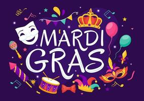 Mardi Gras Carnival Vector Illustration. Translation is French for Fat Tuesday. Festival with Masks, Maracas, Guitar and Feathers on Purple Background