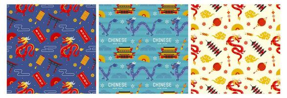 Happy Chinese New Year 2024 Seamless Pattern Design. Translation Year of the Dragon. with Lantern, Dragons and China Elements in Flat Illustration vector