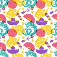 Happy Chinese New Year 2024 Seamless Pattern Design. Translation Year of the Dragon. with Lantern, Dragons and China Elements in Flat Illustration vector