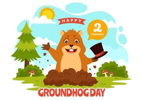 contento marmota día vector ilustración en febrero 2 con un marmota animal surgido desde el agujero tierra y jardín en antecedentes dibujos animados diseño