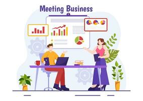 Business Meeting Vector Illustration with Businessman and Employees on Presentation Conference at Project Strategy in Flat Cartoon Background