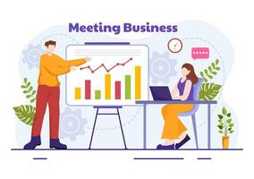 Business Meeting Vector Illustration with Businessman and Employees on Presentation Conference at Project Strategy in Flat Cartoon Background