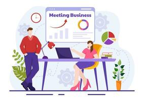 Business Meeting Vector Illustration with Businessman and Employees on Presentation Conference at Project Strategy in Flat Cartoon Background