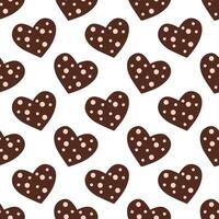 Seamless pattern with chocolates in form heart and pink icing. Valentine day background. Vector flat illustration.