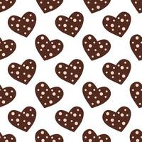 Seamless pattern with chocolates in form heart and pink icing. Valentine day background. Vector flat illustration.