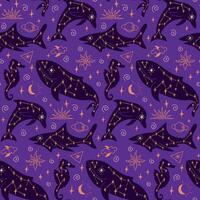 Esoteric mystical flat pattern with whale. Hand drawn sea creatures on purple background. Good for background, wrapping, textile, background, scrapbooking vector