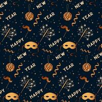 New Year masquerade minimalistic pattern with related elements. Dark theme. Vector flat hand drawn items with dotted texture and text Happy New Year. Good for background, wrapping, textile