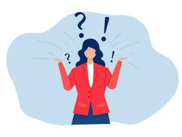 question and exclamation mark ,A woman thinks about her choice, yes or no, doubt and depression, question and answer with problem solving, solution or support idea concept vector