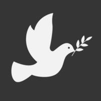 Pigeon sulhouette. Dove bird holding olive branch icon. Symbol of Peace.  Vector on black background