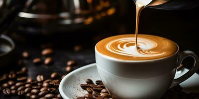 AI generated coffee with milk. Milk is poured into coffee. making cappuccino, latte. cafe, coffee shop. photo