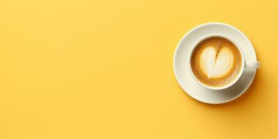 AI generated flat lay, cup of coffee on a yellow background. cappuccino, top view photo