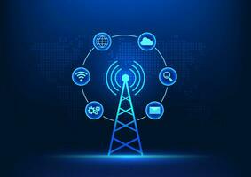 Telecommunications technology Transmission tower in front of world map with technology icons It represents the development of advanced communications networks to distribute signals around the world. vector