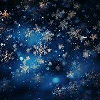 Christmas and New Year festive background. Snowflakes and bokeh light on Navy blue background with copy space for text. The concept of Christmas and New Year holidays photo