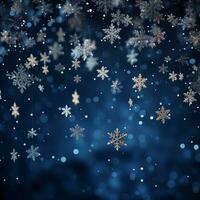 Navidad y nuevo año festivo antecedentes. copos de nieve y bokeh ligero en Armada azul antecedentes con Copiar espacio para texto. el concepto de Navidad y nuevo año Días festivos foto