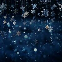 Christmas and New Year festive background. Snowflakes and bokeh light on Navy blue background with copy space for text. The concept of Christmas and New Year holidays photo