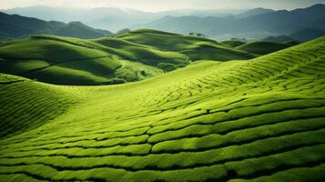 AI generated Green tea plantation, top view texture photo