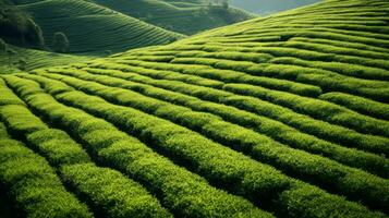 AI generated Green tea plantation, top view texture photo