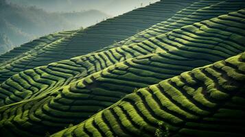 AI generated Green tea plantation, top view texture photo