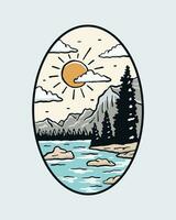 Maligne lake Canadian Rockies vintage vector illustration for badge, sticker, t shirt design and outdoor design