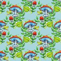 Seamless pattern with fairy tale forest fly agaric, forest plants, mushrooms and dragonfly. Seamless pattern with forest illustrations for nursery decor, fabrics, textiles, etc. photo