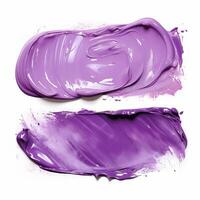 AI generated Purple cosmetics lipstick smear. Cream makeup texture. Top view of cream smears on white background. photo