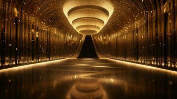 AI generated Empty gold futuristic tunnel. Technology Design. photo