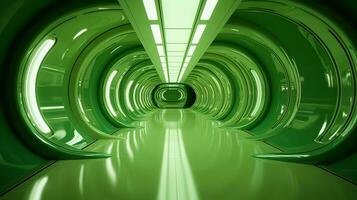 AI generated Empty green futuristic tunnel. Technology Design. photo