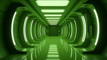 AI generated Empty green futuristic tunnel. Technology Design. photo