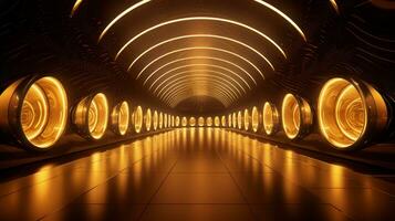 AI generated Empty gold futuristic tunnel. Technology Design. photo