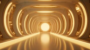 AI generated Empty gold futuristic tunnel. Technology Design. photo