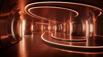 AI generated Empty gold futuristic tunnel. Technology Design. photo