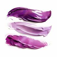 AI generated Purple cosmetics lipstick smear. Cream makeup texture. Top view of cream smears on white background. photo