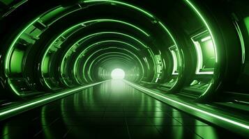 AI generated Empty green futuristic tunnel. Technology Design. photo