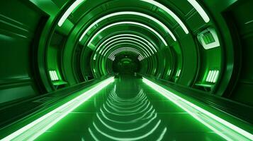 AI generated Empty green futuristic tunnel. Technology Design. photo