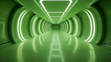 AI generated Empty green futuristic tunnel. Technology Design. photo