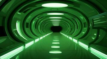 AI generated Empty green futuristic tunnel. Technology Design. photo