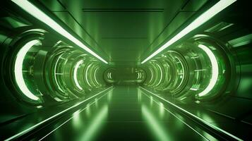 AI generated Empty green futuristic tunnel. Technology Design. photo