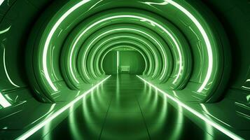 AI generated Empty green futuristic tunnel. Technology Design. photo