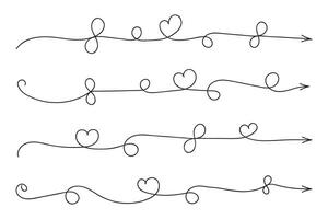 Hand drawn Thin continuous line lovely hearts style curved arrow vector, one line left right direction love sign with pen arrows, Minimalistic Outline single line way decorations decorative element vector