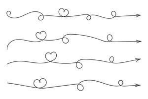 Hand drawn Thin continuous line lovely hearts style curved arrow vector, one line left right direction love sign with pen arrows, Minimalistic Outline single line way decorations decorative element vector