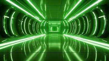 AI generated Empty green futuristic tunnel. Technology Design. photo