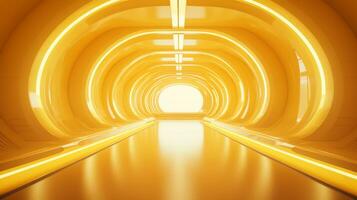 AI generated Empty yellow  tunnel. Technology futuristic background. photo