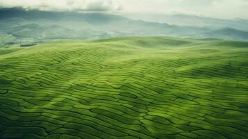 AI generated Green tea plantation, top view texture photo