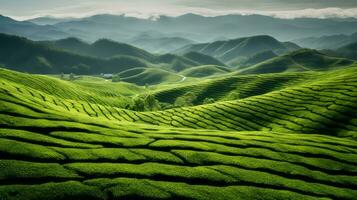 AI generated Green tea plantation, top view texture photo