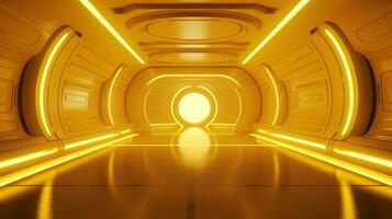 AI generated Empty yellow  tunnel. Technology futuristic background. photo