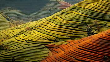 AI generated Green tea plantation, top view texture photo