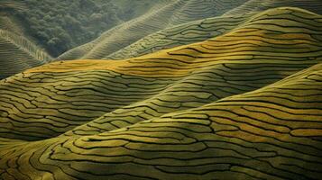 AI generated Green tea plantation, top view texture photo