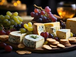 Assorted exotic cheeses with crackers and grapes. Generative Ai photo