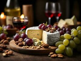 Artisanal cheese platters with grapes and variety of nuts. Generative Ai photo
